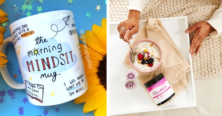 morning mindset mug with affirmations from etsy user growupgaby and closeup of a tray with a bottle of neocell super collagen next to a bowl of food that a woman is using a spoon to eat