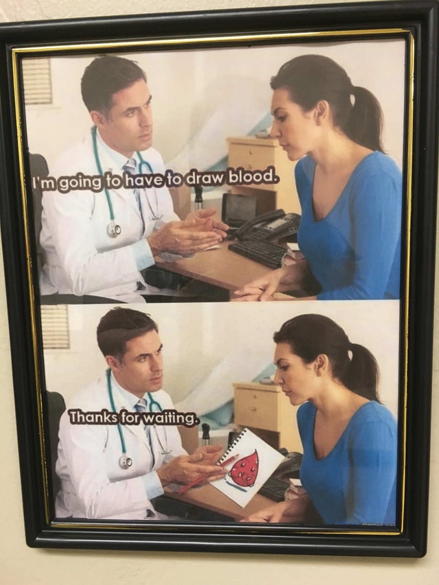 poster on a doctor's wall that shows a doctor telling a patient 