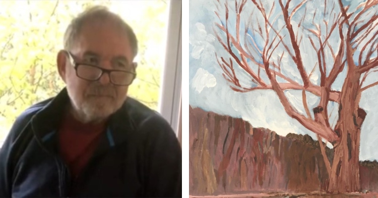 artist norman greenstein wearing glasses and looking off into the distance and a painting of a bare tree near water by norman greenstein