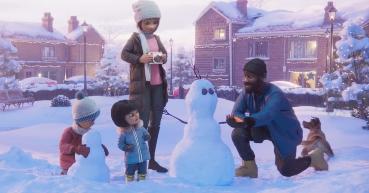 screenshot from disney's short film "the stepdad" where a man, woman, and two children are building a snowman while a dog plays nearby