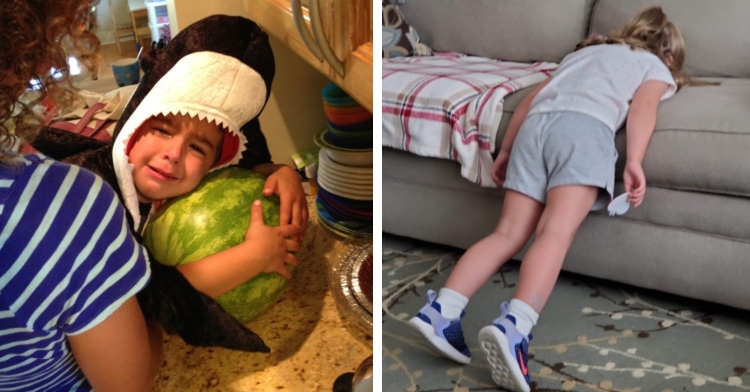 little boy in an orca costume crying as he clutches onto a watermelon to protect it from his mom who is standing next to him at the kitchen counter and upset 3 year old girl laying with her face on a couch cushion and her feet on the ground