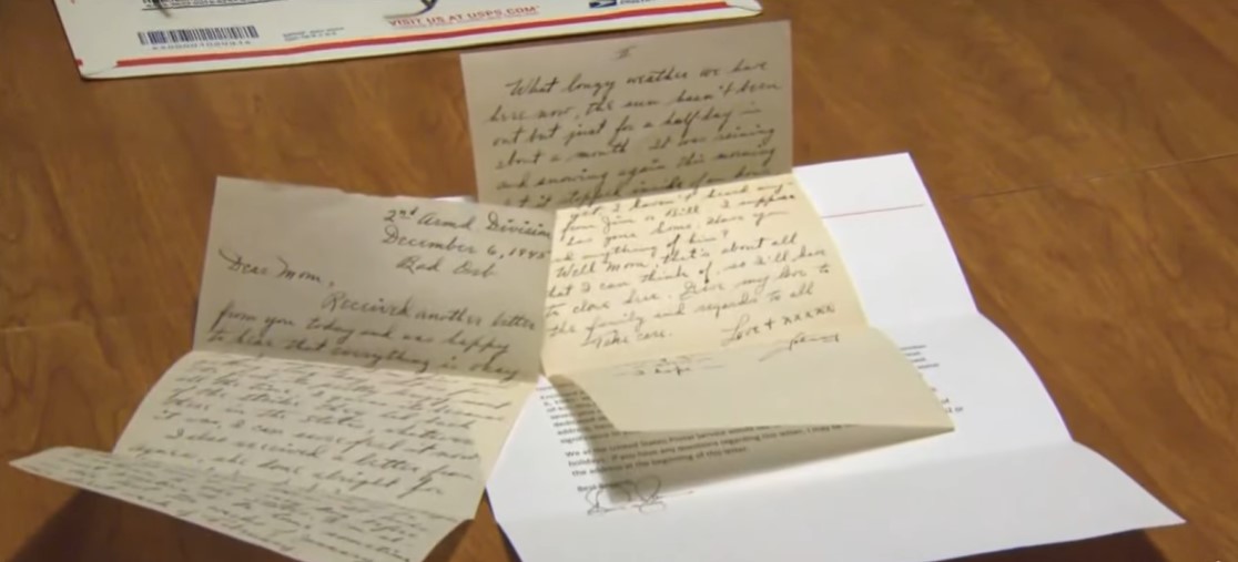 letters written in 1945 by sgt. john gonsalves set on a table in the home of his wife, angelina gonsalves, 76 year later