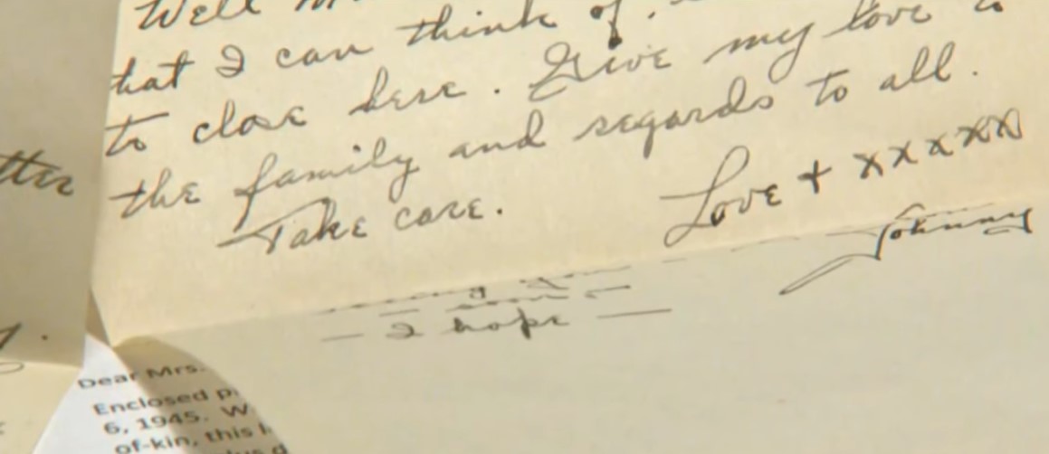 closeup of a letter from sgt. john golsalves that was written in 1945
