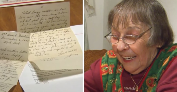 letters written in 1945 by sgt. john gonsalves set on a table in the home of his wife, angelina gonsalves, 76 year later and an elderly woman named angelina gonsalve smiling wide as she looks at a letter from her late husband, john gonsalve, that was written in 1945