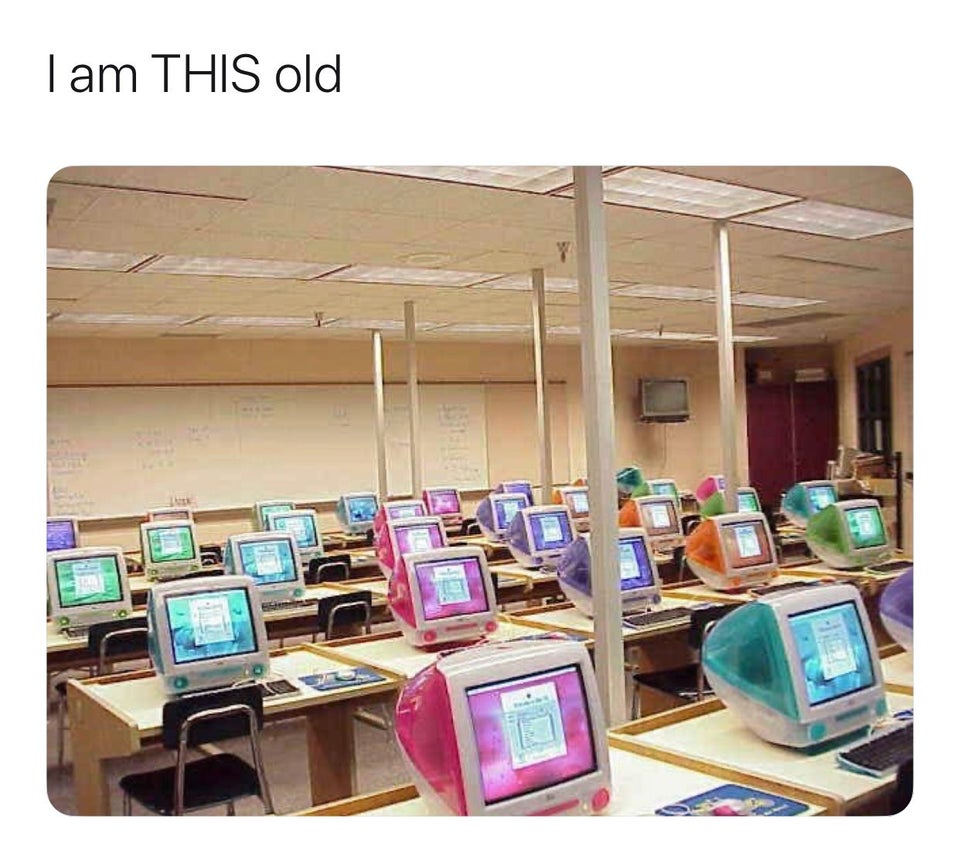 a picture of a typing class labelled "I am THIS old"