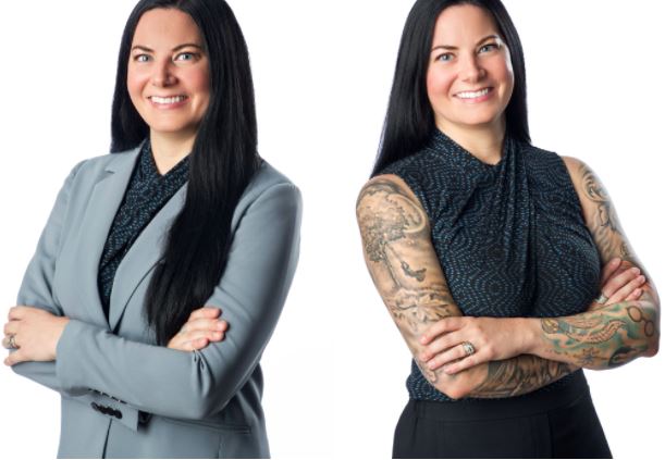 Two photos of Jessica Hanzie Leonard, one with her wearing a blazer and one without a blazer, showing her arm tattoos.