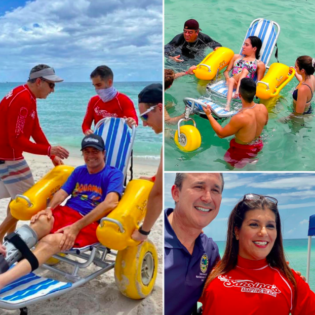 sabrina helping people with disabilities get in the ocean on floating chairs