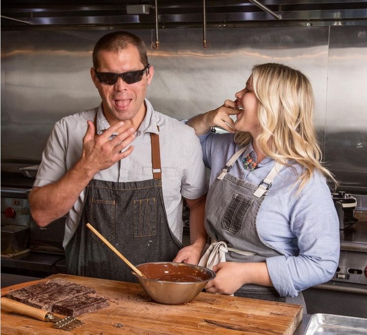 man named aaron hale and a woman named mckayla hale tasting chocolate as they make fudge 
