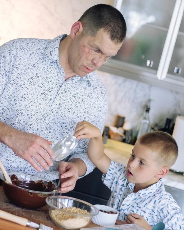 man named aaron hale making fudge in his kitchen with his little boy 
