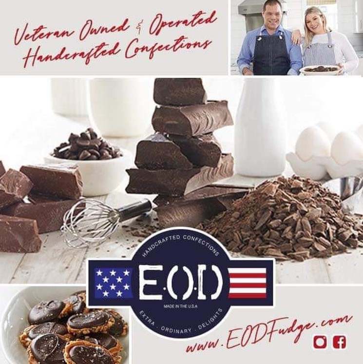 collage of chocolate and baking ingredients along with the e.o.d. logo and its owners a man named aaron hale and mckayla hale