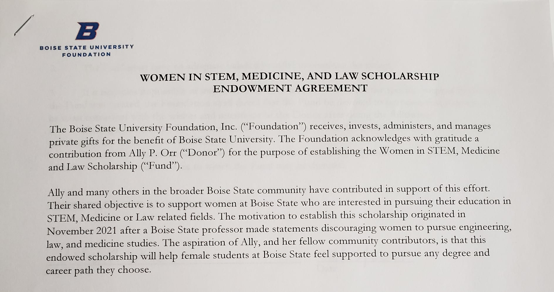photo of the "women in stem, medicine, and law scholarship endowment agreement" at boise state university that was started by a woman named ally orr