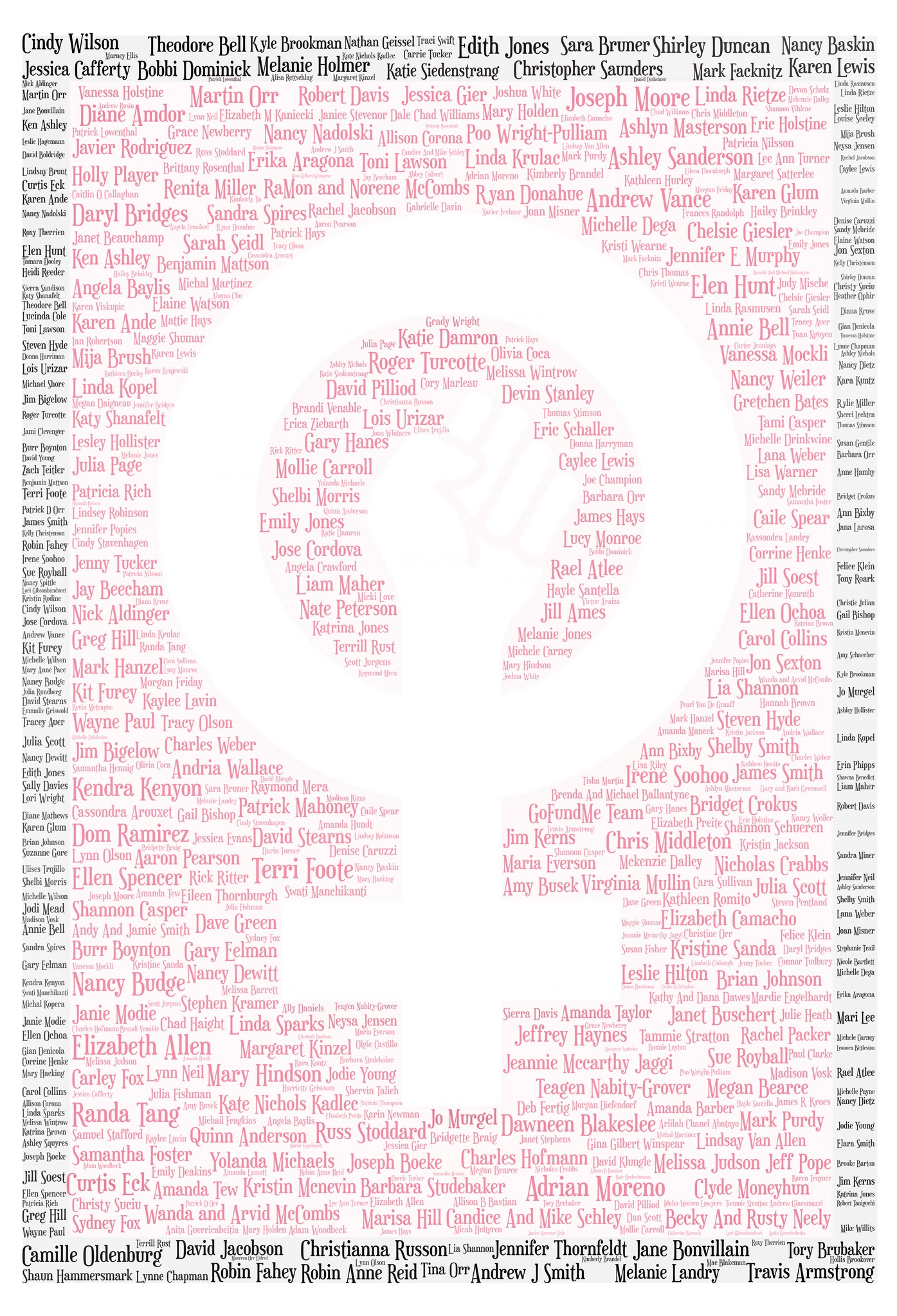 an image made to look like the symbol for female with a fist in the middle that is made up of a list of names of people who donated to the women in stem, medicine, and law scholarship at boise state university 
