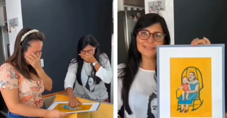 two women covering their faces with their hands as they cry and look at a custom-made portrait of a recently passed woman with her granddaughter and one of those women smiling and posing with that portrait