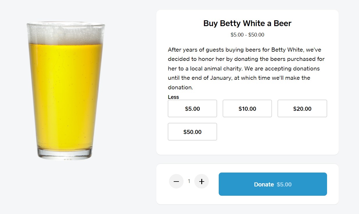 screenshot of a website from commerce street brewery called "buy betty white a beer"