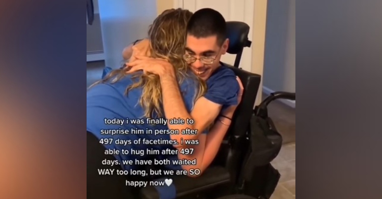 man in a wheelchair named josh hugging his best friend named christina with text edited onto the image detailing their reunion after 497 days
