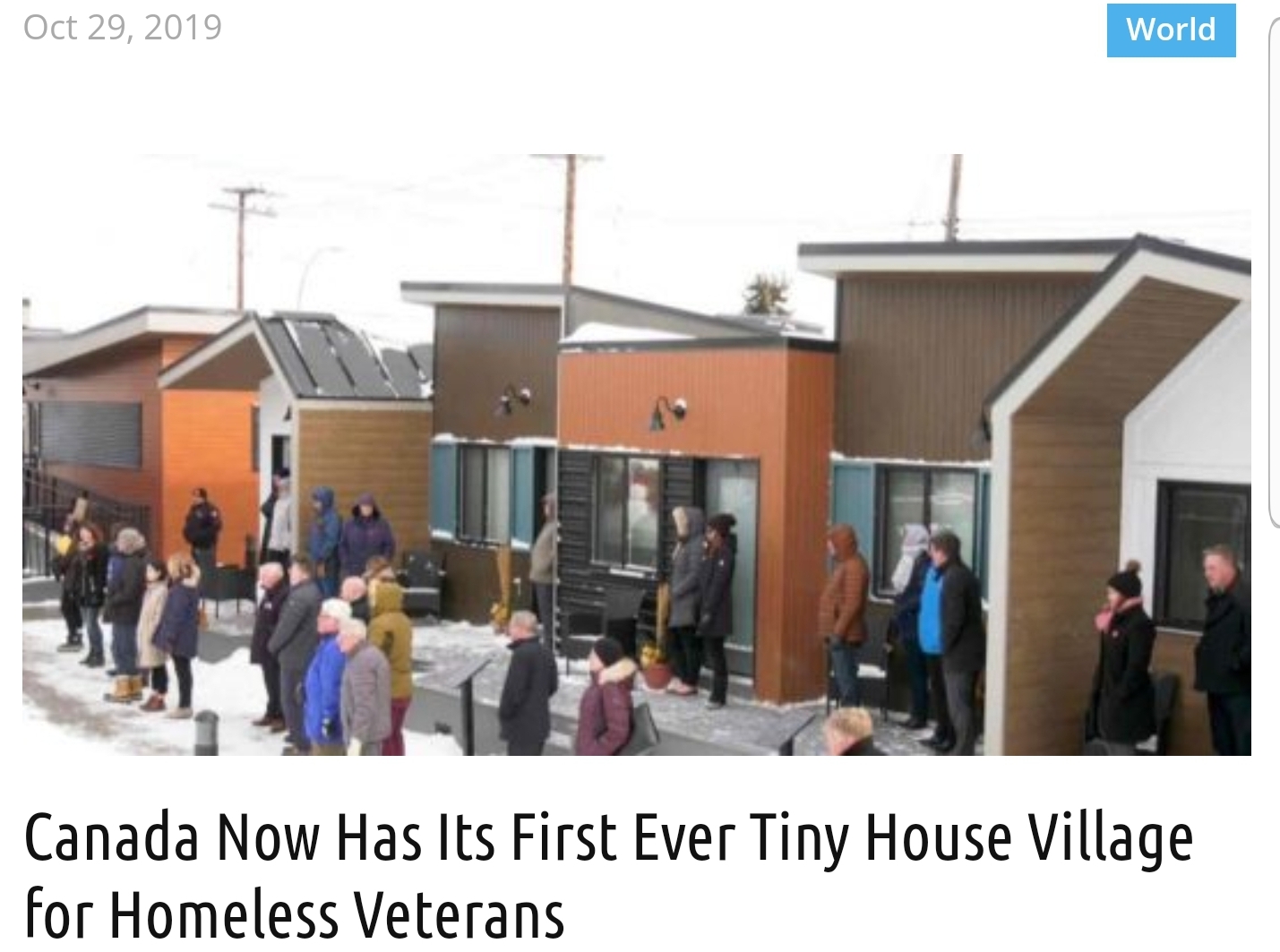 screenshot of an article titled "canada now has its first ever tiny village for homeless veterans" along with the featured image 