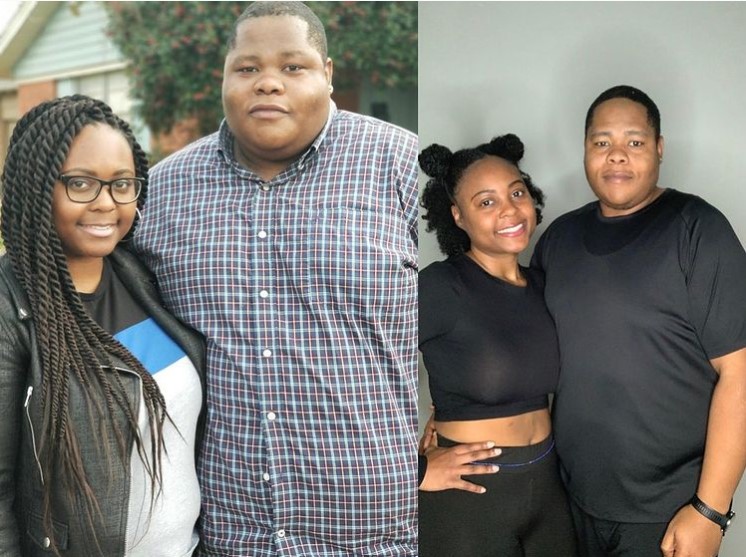 before and after of a married couple, a woman named camille jones and a man named marlon jones, after they lost weight