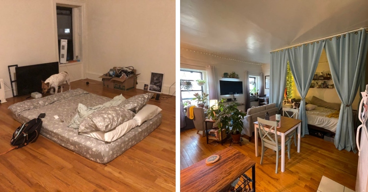 before photo of a small new york city studio apartment with a mattress in the middle of the room and a dog walking nearby and an after photo of that same studio apartment that is now decorated and features a bed with curtains