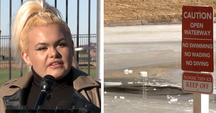 woman speaking into microphone next to a large icy pond at the apartment complex called the addison at cherry creek in arapahoe, colorado