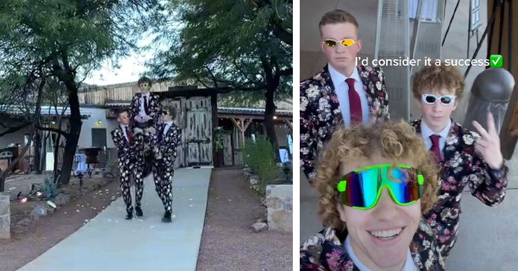 three brothers dressed in floral suits with shades on