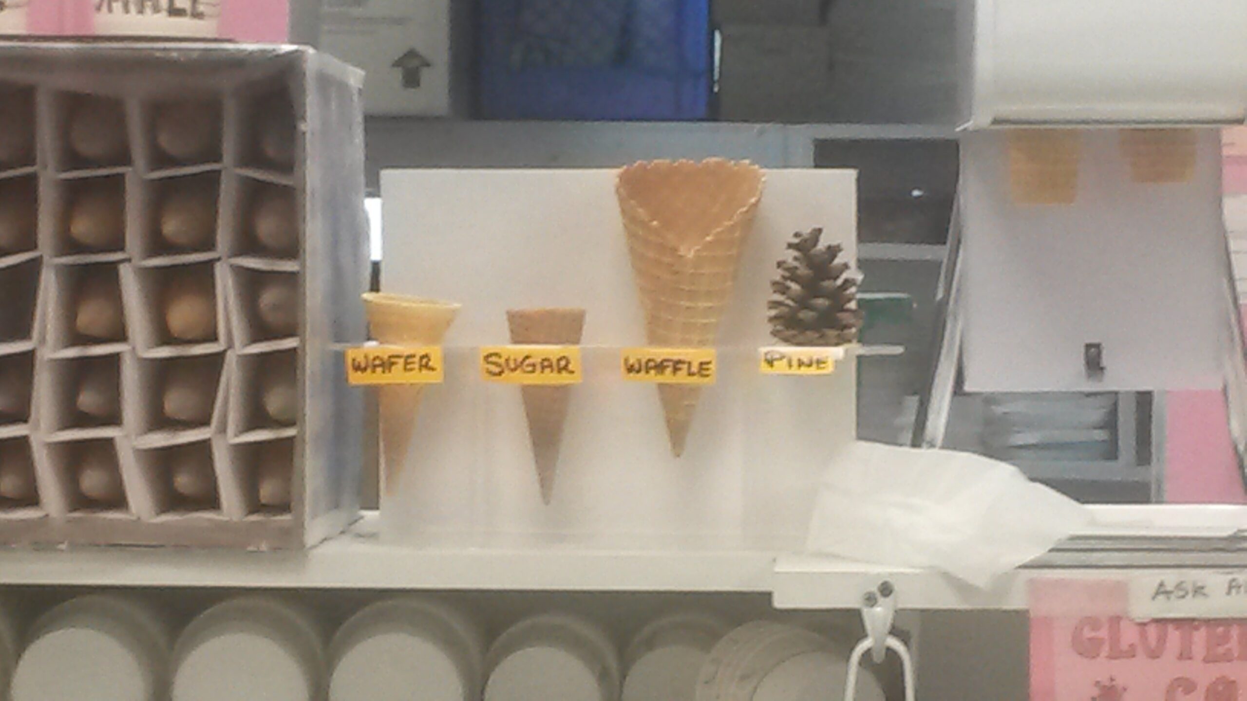 funny sign at ice cream shop where "pine" is labelled as a kind of cone