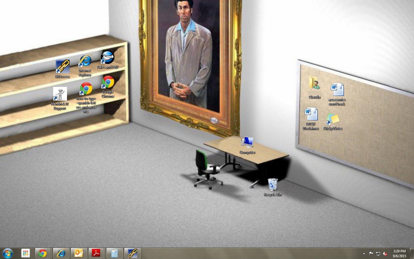 screenshot of a computer desktop that looks like an office with shortcut icons sitting on the shelves, desk, and cork board
