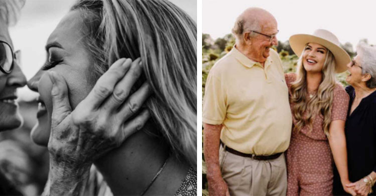 grandma holding granddaughters face next to grandparents around granddaughter