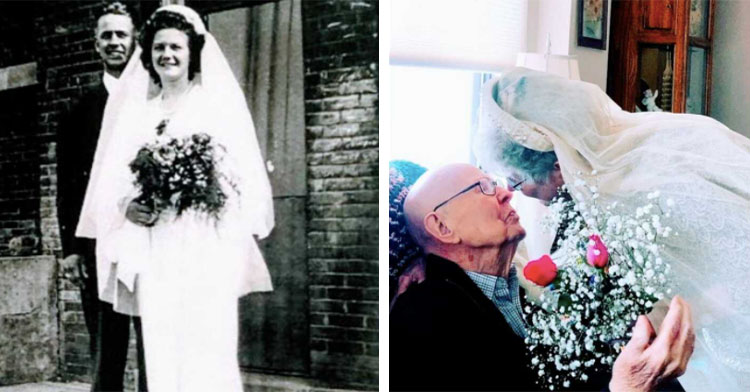 black and white photo of bride and groom next to couple celebrating 75th anniversary in wedding veil