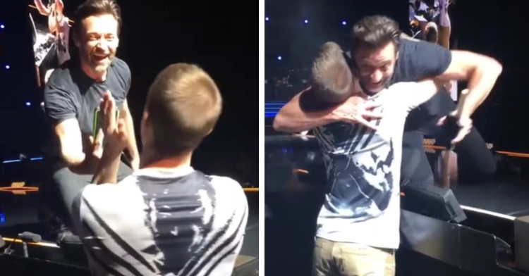 hugh jackman talking with a fan while handing him his phone back next to another photo of hugh jackman and that same fan hugging while jackman is still on stage
