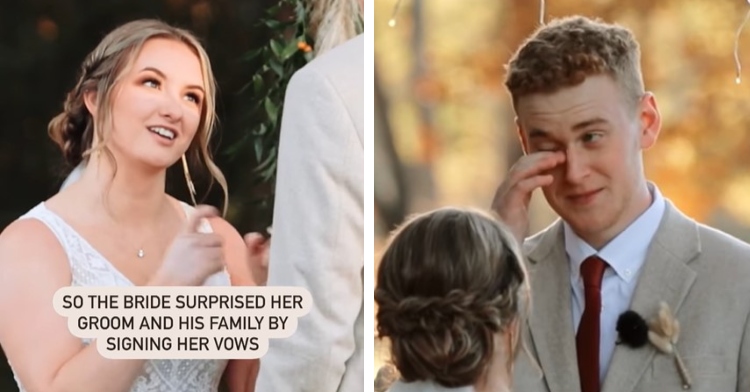 woman named kelsey kulick signing her wedding vows at the alter and a shot of kelsey's groom, michael kulick, wiping his eye after getting emotional in response