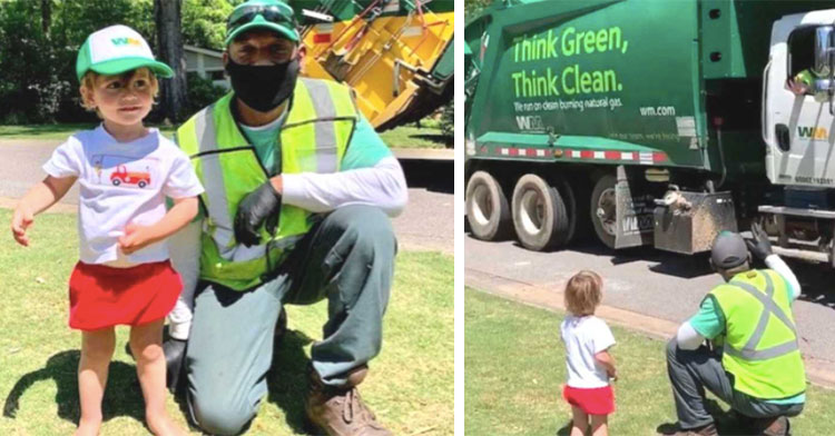 little boy standing next to garbageman on grass