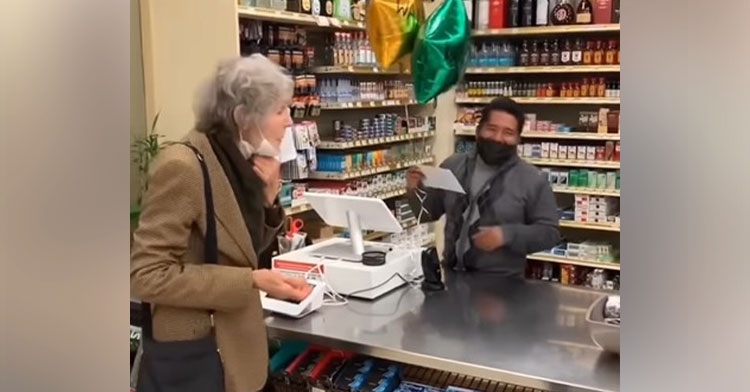 86 year old woman named marion presenting a convenient store cashier named walter with an envelope with half of her $300 lottery earnings and some balloons