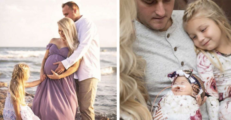 pregnant mom surrounded by husband and daughter on beach next to small family holding baby