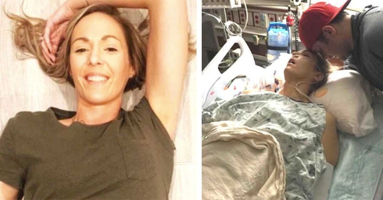 woman in bed smiling next to sick woman in hospital bed with husband leaning over her