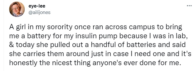 tweet about sorority sister who carries diabetes supplies for her friend.