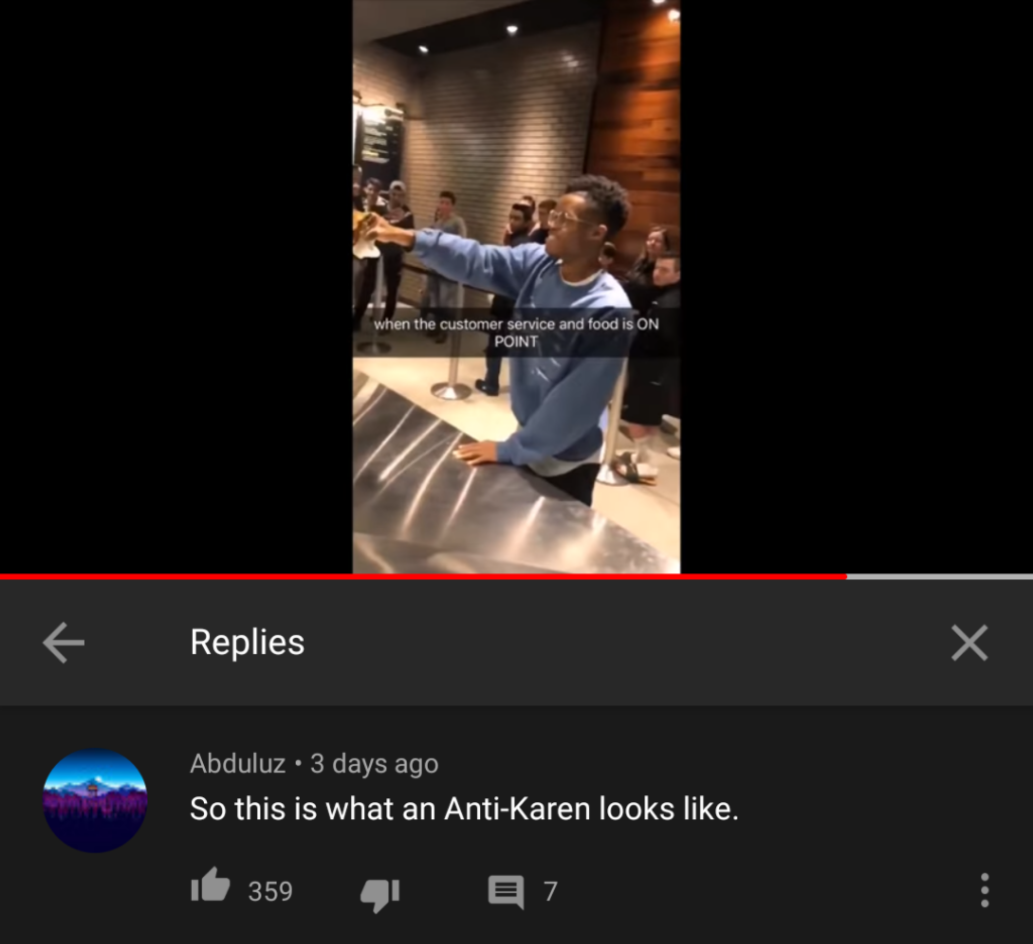 screenshot from a youtube video along with a comment from user abduluz that reads "So this is whan an Anti-Karen looks like."