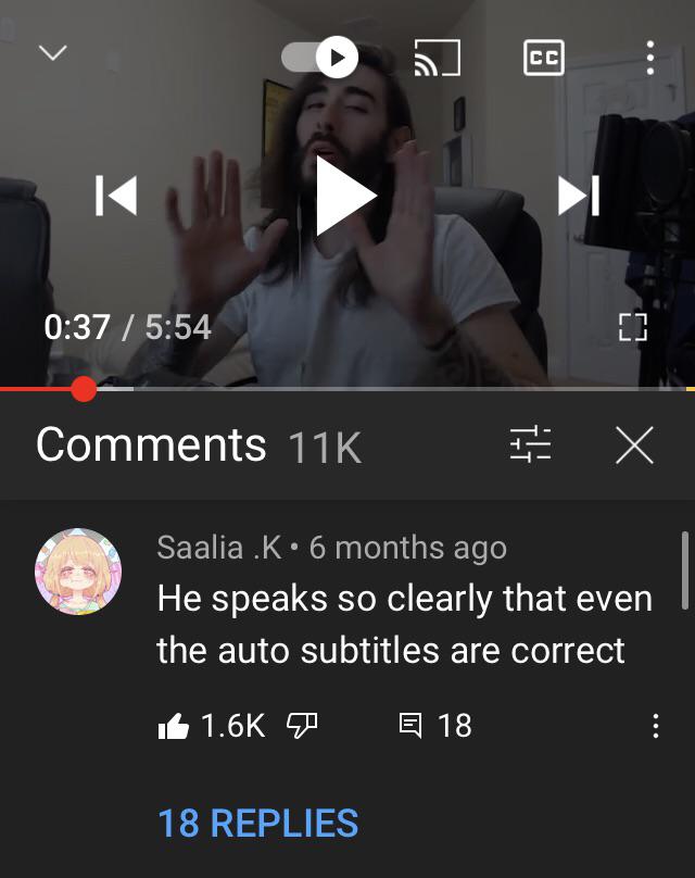 screenshot from a youtube video along with a comment from user saalia that says "He speaks so clearly that even the auto subtitles are correct"