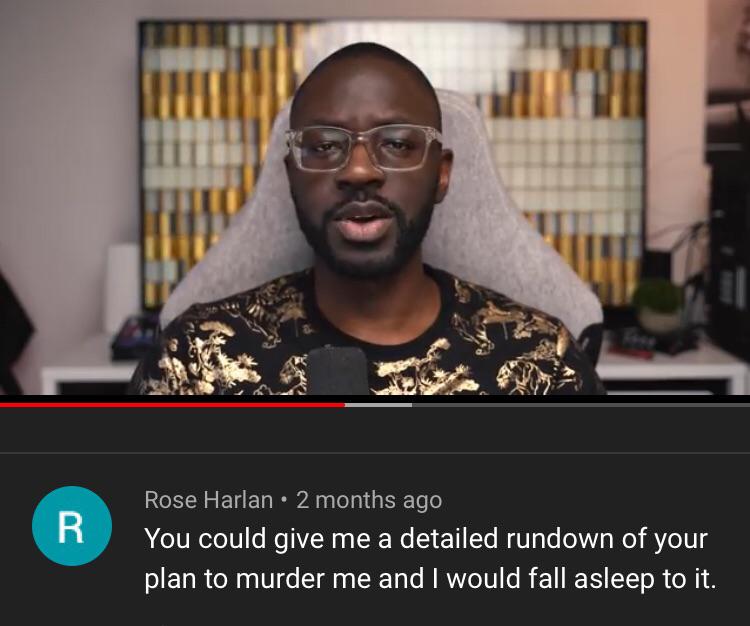 screenshot from a youtube video along with a comment from user rose harlan that reads "You could give me a detailed rundown of your plan to murder me and I would fall asleep to it."
