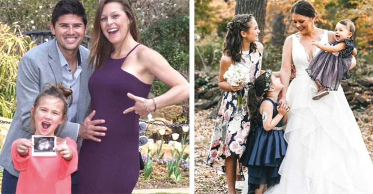 couple standing with their daughter next to ultrasound plus mom in wedding dress with three daughters