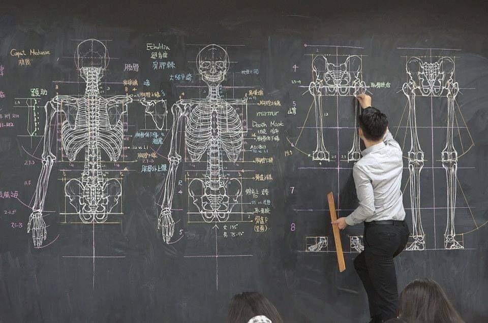 teacher with impressive chalkboard drawing
