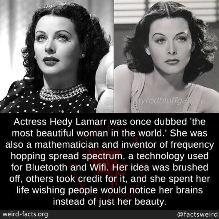 two black and white photos of actress hedy lamarr with a quote about her below them made by @factsweird. the image says 