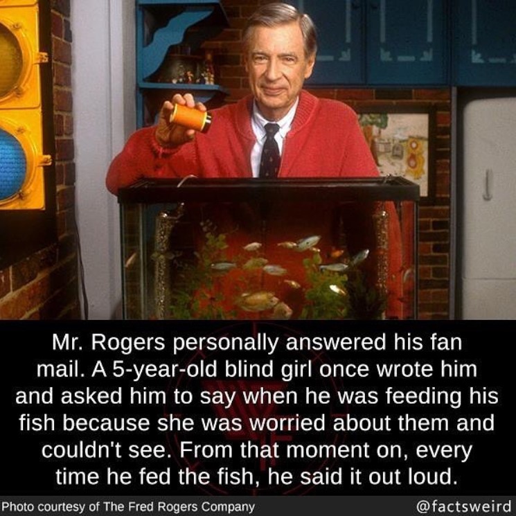 image of mr. rogers feeding fish with a fact about the show edited onto it by @factsweird on instagram. it says 