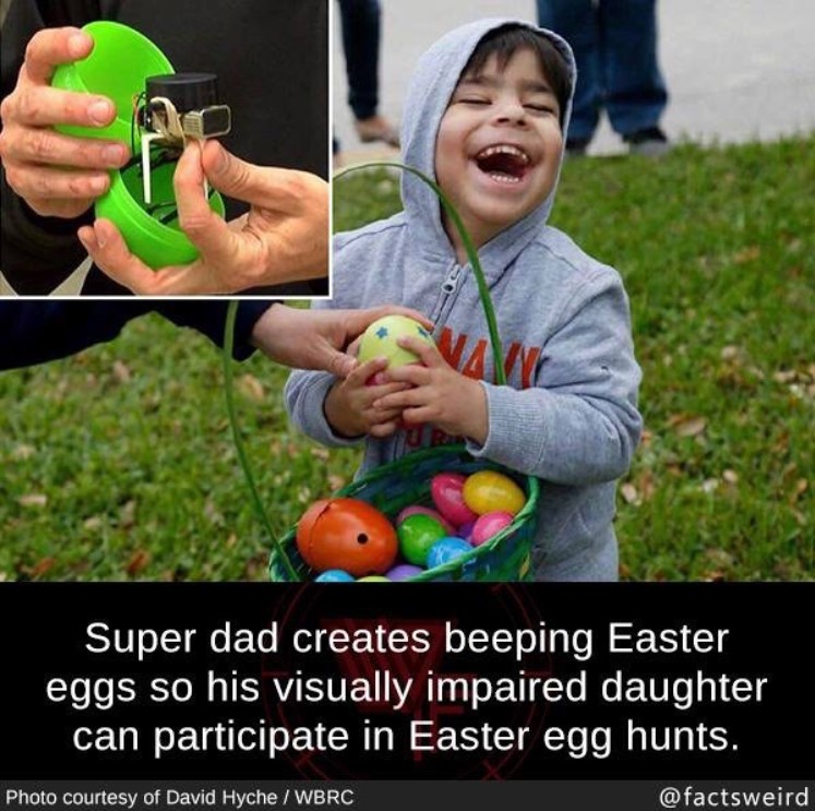 image of a little blind gitl smiling while holding an easter egg and an easter basket full of eggs along with a closeup image of one of the eggs opened with a device inside. below them both is a fact edited on to them by @factsweird on instagram. the image says "Super dad creates beeping Easter eggs so his visually impaired daughter can participate in Easter egg hunts."