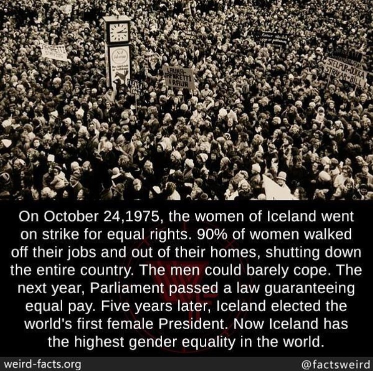 image of a large crowd of women in iceland protesting along with a fact about the strike edited onto it which was done by instagram user @factsweird. the image says 