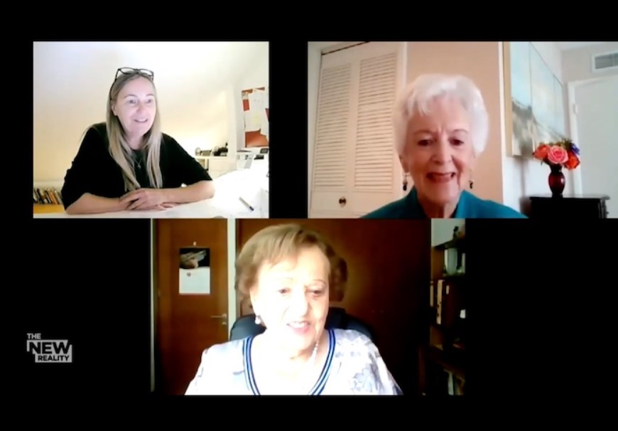 zoom call with a young woman and two elderly women named betty grebenschikoff and ana marÃ­a wahrenberg