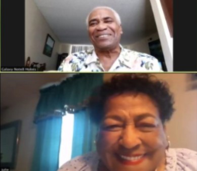 a man named lamar hoke jr and a woman named connie stanley smiling while on a zoom call together