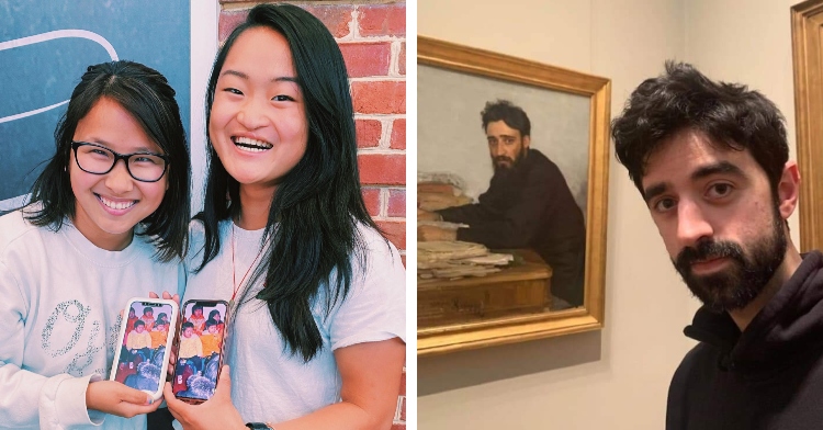 two young women named ally and ruby smiling and posing with identical photos of themselves in a chinese orphanage when they were kids on their phones and a man with a beard posing with a work of art featuring a man who looks just like him