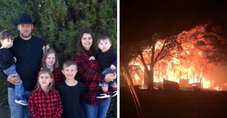 the dahl family, consisting of nathan and kayla plus their five children, including 2 year old brandon, smiling and posing together outside in front of a large tree and a photo taken at night of the home of kayla and nathan dahl that is engulfed in flames