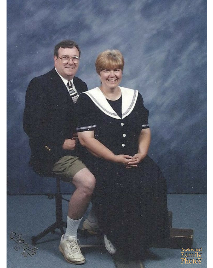 awkward church picture where the dad is wearing shorts and dad sneakers