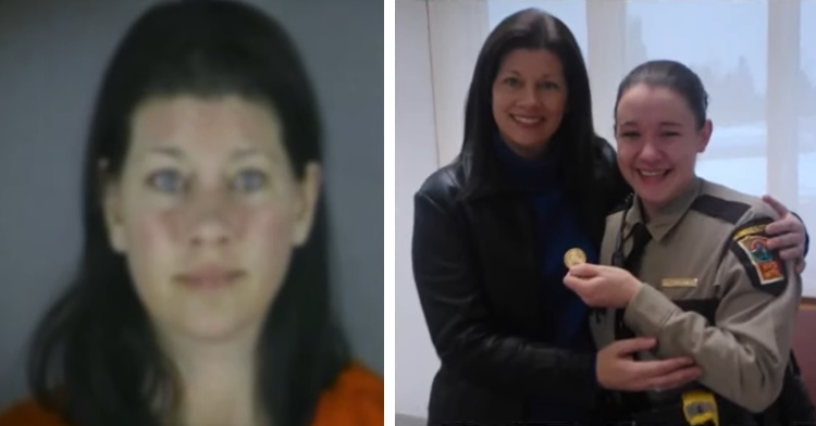 a two-photo collage. the first is of amy martin’s mugshot from getting a dui. the second is of amy martin smiling and posing with kristie sue hathaway, the state trooper who arrested her a decade ago.